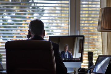 Sticker - A high-powered CEO on a video call discussing company matters in front of a desktop computer, A high-powered CEO on a video call discussing company growth