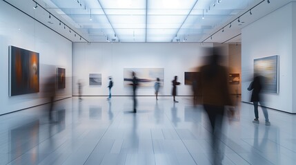 Poster - Modern art exhibition with people in motion, blurred silhouettes in contemporary gallery. White walls, abstract creativity on display, spectators moving through light-filled hall..