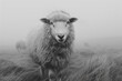 Black and white image of a sheep grazing in a foggy field