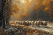 Group of sheep trekking along snowy road