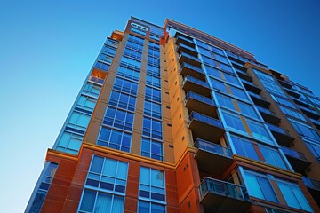 Poster - A very tall building with a modern design and countless windows showcasing a bustling urban environment, A high-rise apartment building with state-of-the-art amenities