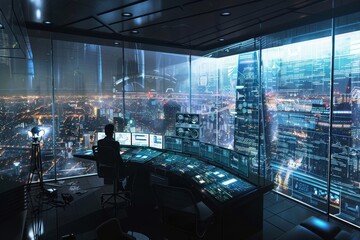 Poster - A man sits at a desk in a high-tech command center, looking out the window, A high-tech command center overseeing the intricate networks of a modern metropolis