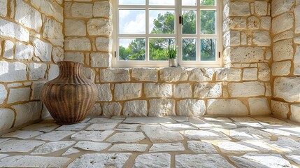 Poster -   A vase sits on a stone floor, framing a window view of tree-lined scenery outside