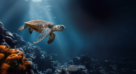 A sea turtle swimming in the deep ocean, amidst coral reefs in dark blue water, an underwater shot, beautiful light, cinematic, dark blue background, hyperrealistic in the style of nature photography.