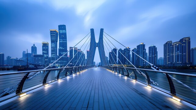Arched modern bridge with city skyline background