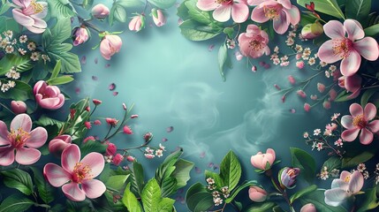 Poster - Beautiful spring flowers floral border frame with copy space for text. top view. Generative AI.
