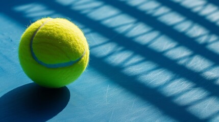 Sticker - A tennis ball is placed on the court, with sunlight shining through the blue cloth and casting shadows