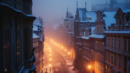 Wall Mural - Street view with beautiful historical buildings in winter with snow and fog in Prague city in Czech Republic in Europe.