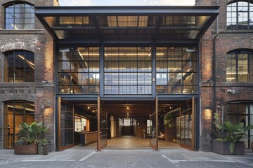 Poster - Historic Brick Building With Many Windows, A historic office building that has been converted from a former warehouse, showcasing its original brick facade and industrial charm