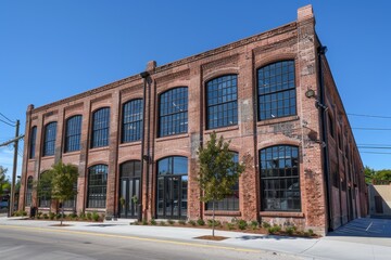 Poster - large brick building alongside road, a historic office building that has been converted from a forme
