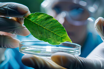 Wall Mural - plant leaf held by research scientist in lab. concept for biotechnology and genetic modification
