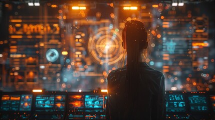 Wall Mural - Female Programmer Overlooking Advanced Technology Hub With Illuminated Displays