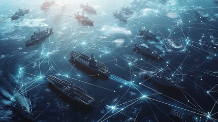 Aufkleber - A display of modern military assets, including real currently used fighter planes, ships, satellites, and naval vessels connected by lines indicating communication or data links. Generative AI.
