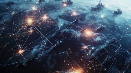 Aufkleber - A display of modern military assets, including real currently used fighter planes, ships, satellites, and naval vessels connected by lines indicating communication or data links. Generative AI.