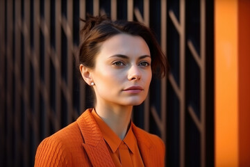 Wall Mural - A woman wearing an orange sweater is making eye contact with the camera