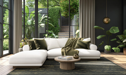 Wall Mural - 3d rendering, A simple yet elegant living room with dark gray walls, a white sofa and wooden floor. A olive throw blanket on the couch adds color to the space