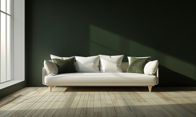 Wall Mural - 3d rendering, A simple yet elegant living room with dark gray walls, a white sofa and wooden floor. A olive throw blanket on the couch adds color to the space