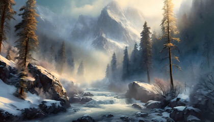 Wall Mural - Mountain peak and tree landscape with could overlayed in the foreground on digital art, Generative AI.