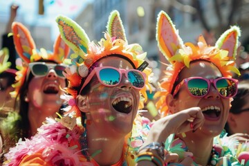 Wall Mural - Crowd at Easter parade wearing bunny ears and sunglasses, celebrating with music and laughter, A joyful Easter parade filled with music and laughter