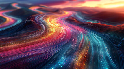 Poster - Twisting 3D roads in a surreal landscape, leader pointing forward, vibrant colors. Generative AI.