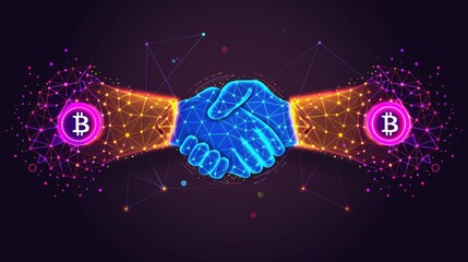 Poster - digital handshake glowing avatars connect over cryptocurrency network in banner
