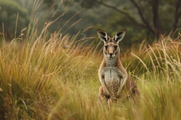 Sticker - Kangaroo standing amongst tall grass in natural habitat, A kangaroo blending seamlessly into its natural environment