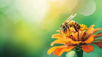 Wall Mural - Honeybee Resting on Orange Zinnia Against Green Backdrop