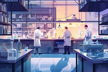 Poster - Scientists conducting experiments in a laboratory setting, A laboratory setting with scientists testing new medications