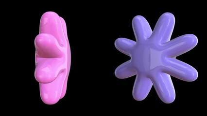 Abstract plastic 3D elements, pink and purple flower shape rotating on black background with alpha matte, looping animation.