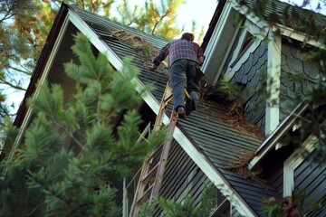 Poster - a man on a ladder fixing the roof of a house, a ladder leaning against a house, with a handyman repa