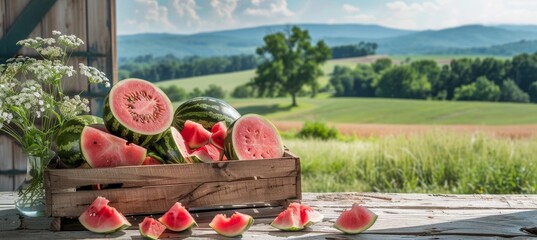 Wall Mural - Ripe watermelons in wooden crates at farm stand with scenic countryside view and lush green fields