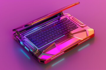 Poster - A gaming laptop resting on top of a vibrant purple surface, A laptop designed for gaming, featuring bold colors and angular shapes
