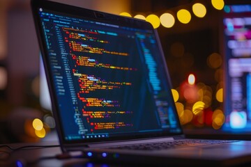 Wall Mural - A laptop computer displaying a complex coding project sitting on top of a desk, A laptop screen displaying a complex coding project