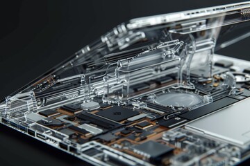 Wall Mural - Detailed view of the internal components of a cell phone, including circuit boards, wires, and connectors, A laptop with a transparent casing, revealing the inner workings and components