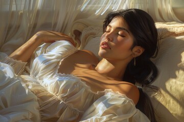 Wall Mural - A woman is laying on a bed in a white dress