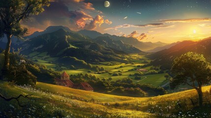 Wall Mural - Experience the enchanting beauty of a rural landscape nestled among majestic mountains where lush pastures are adorned with fragrant herbs Picture the sun and moon gracefully adorning the s