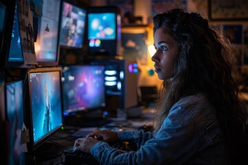 Sticker - A Latina woman sits in front of a computer monitor, working late into the night in a dim room, A Latina woman working late into the night in a dimly lit room filled with monitors and computers