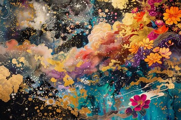 Poster - A painting depicting brightly colored flowers against a dark black backdrop, A lavish and extravagant canvas adorned with glittering accents