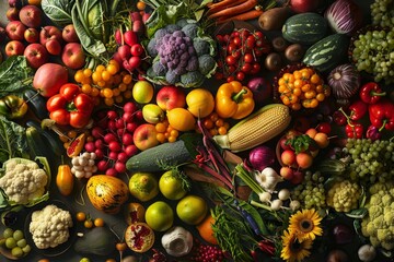 Poster - Various types of colorful fruits and vegetables arranged in a lavish spread, A lavish spread of colorful fruits and vegetables