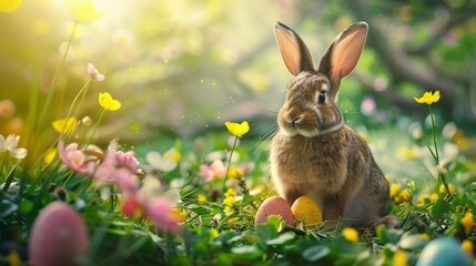 Wall Mural - Adorable Bunny With Easter Eggs In Flowery Meadow