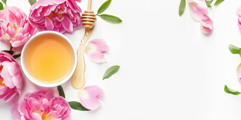 Sticker - jar of honey with honey stick and bright flowers on a light background