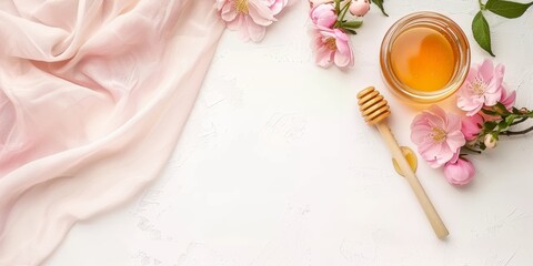 Sticker - jar of honey with honey stick and bright flowers on a light background