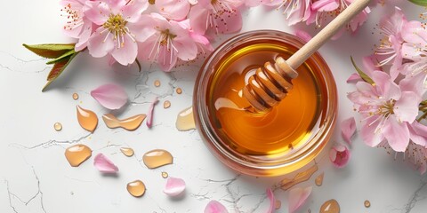 Sticker - jar of honey with honey stick and bright flowers on a light background