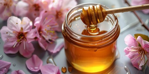 Wall Mural - jar of honey with honey stick and bright flowers on a light background