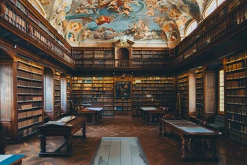 Poster - Interior view of a library featuring tables and bookshelves overflowing with books, including a mural of literary classics, A library with a mural depicting literary classics