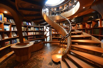 Poster - A spiral staircase in a library surrounded by bookshelves, A library with a spiral staircase leading to hidden book collections