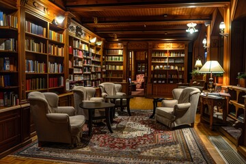 Poster - A library with a variety of books and cozy furniture like armchairs and reading lamps, busy with activity, A library with cozy armchairs and reading lamps