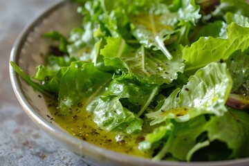 Poster - Close up view of a bowl filled with crisp and fresh lettuce leaves, drizzled with light vinaigrette, A light vinaigrette drizzled over a bed of fresh greens