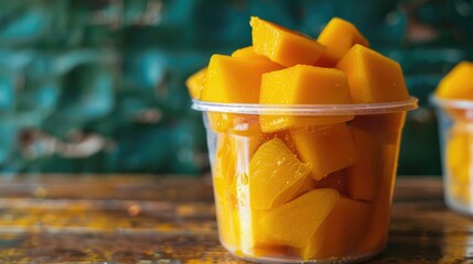 Sticker - Sliced peeled mangoes in a plastic cup on a wooden table Mangoes prepared in a cup on a table Rujak Mangga Kupas