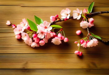 Wall Mural - A cherry blossom branch on a wooden background with blank space for design.